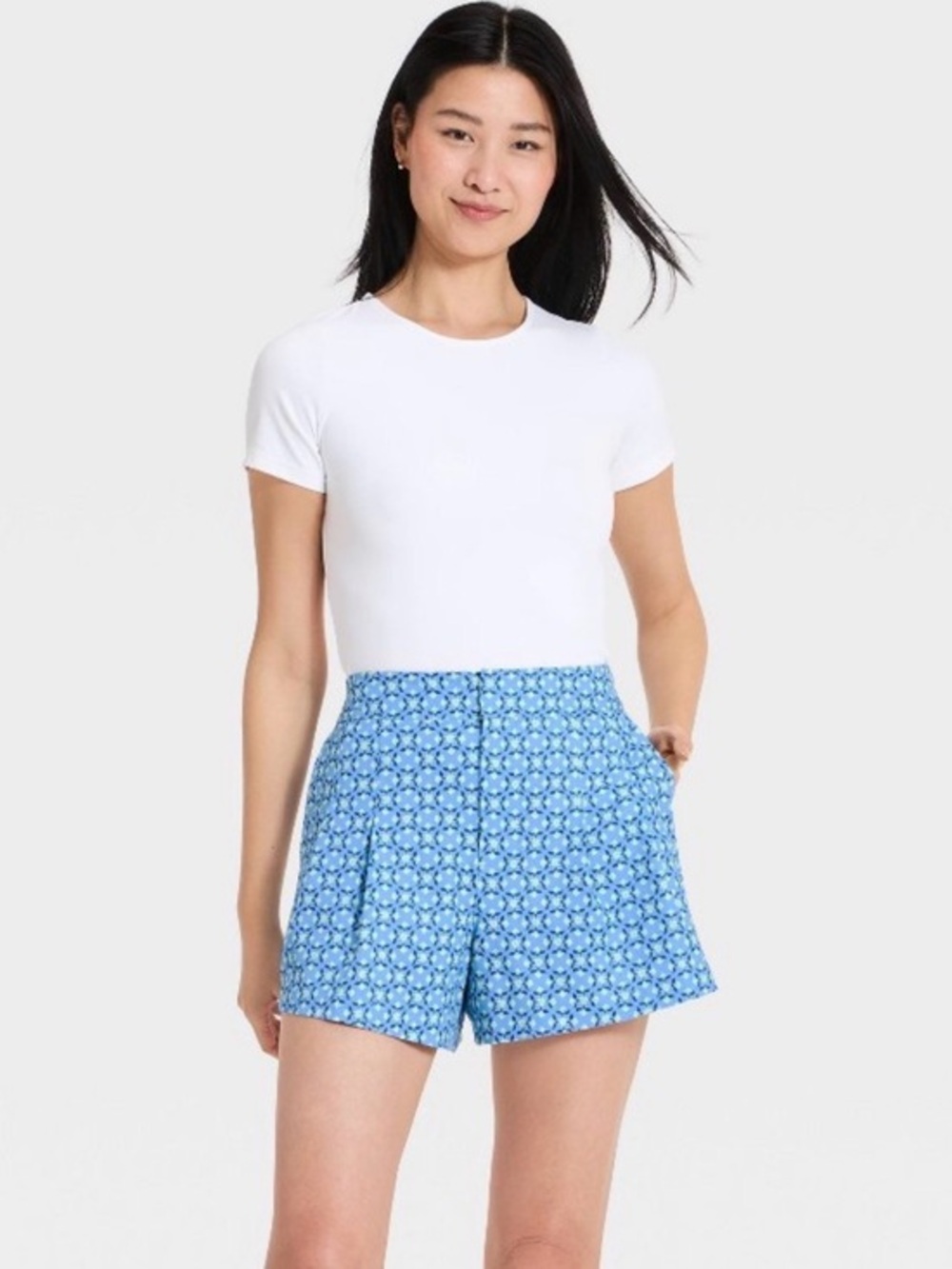 NWT All in Motion Blue Floral Print High Rise Pleat Front Hold Shorts women’s XL